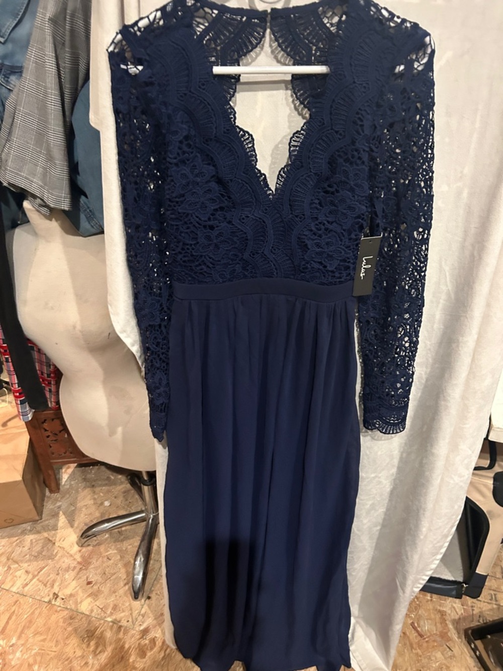 Lulu's Navy Crochet Lace Long Sleeve Maxi Dress